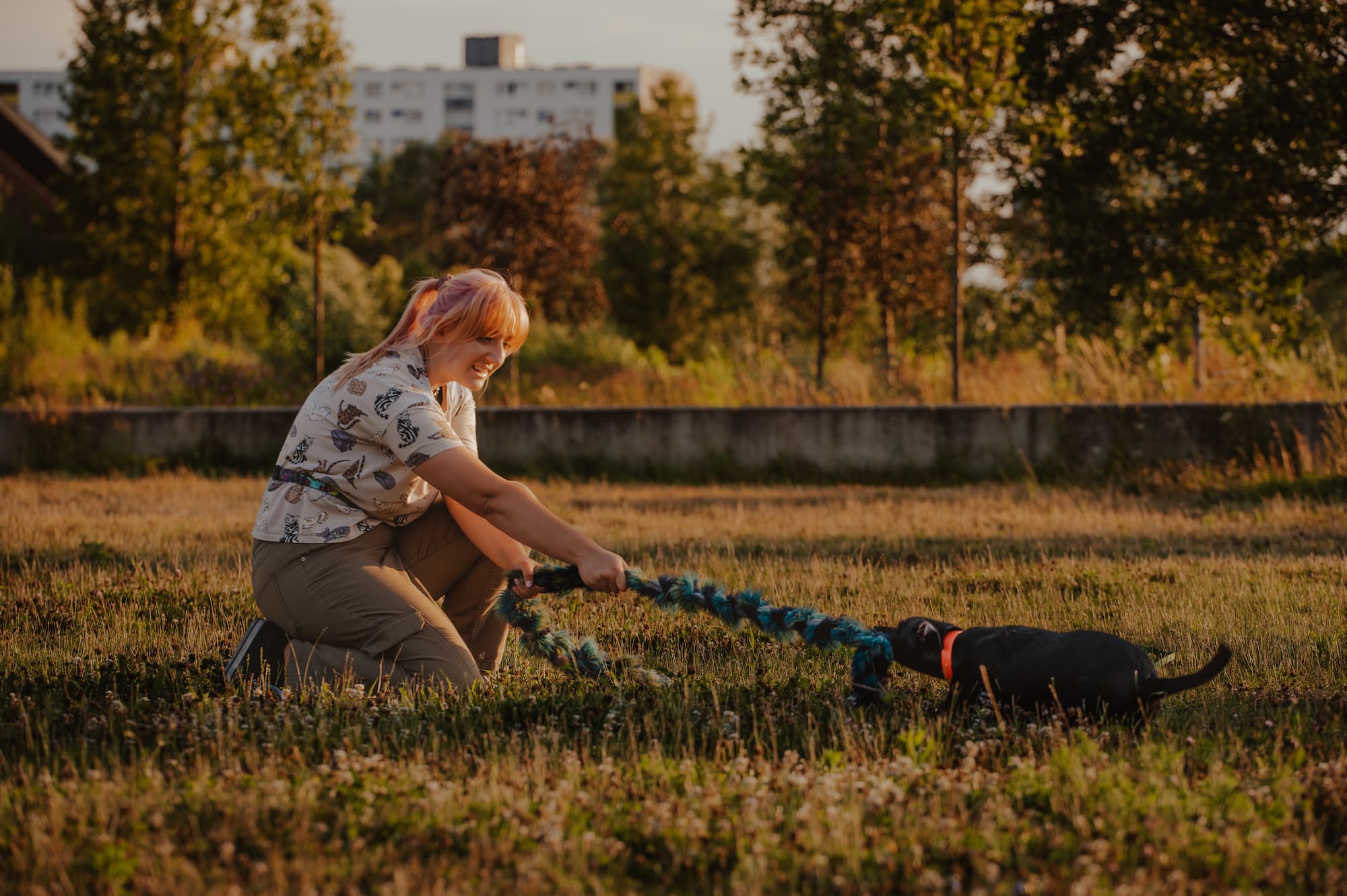 Behawiorystka psów Poznań w przyklęku bawi się liną z czarnym psem ciągnącym zabawkę – szkolenie psów poprzez zabawę w przeciąganie